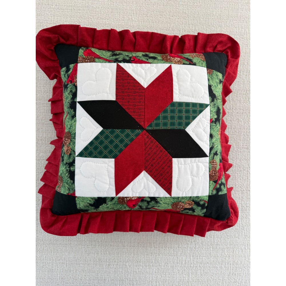 Handmade Quilted 8 Point Star Christmas Square Throw Pillow Cardinal Holiday
